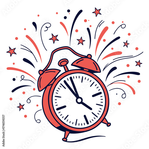 Retro alarm clock with festive fireworks and stars exploding around it symbolizing celebration and the passing of time