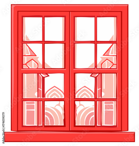 Cartoon red window reflecting architecture, building exterior, and design elements.