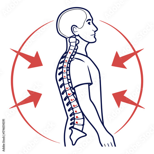 Illustration of a human spine with red markers indicating pain or injury surrounded by red arrows suggesting pressure or impact on the body