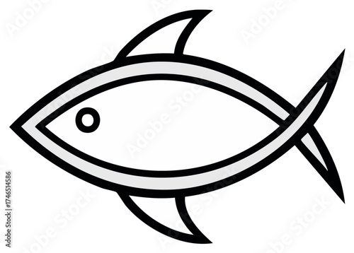 Simple stylized line art of a fish, rendered with gray infill and dark outlines, creating a clean aquatic symbol, minimalist design.