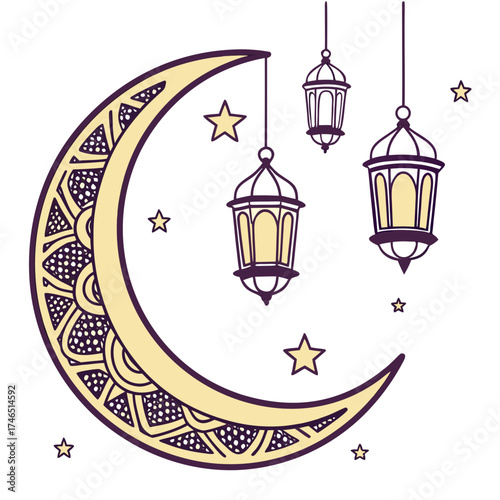 Decorative crescent moon with intricate patterns and hanging lanterns surrounded by small stars symbolizing islamic holidays and celebrations