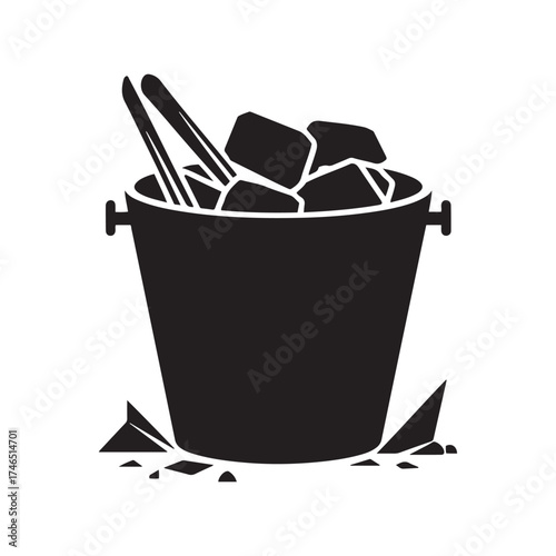 Black Silhouette Icon of an Ice Bucket Filled with Cubes and Tongs for Bar and Party Graphics