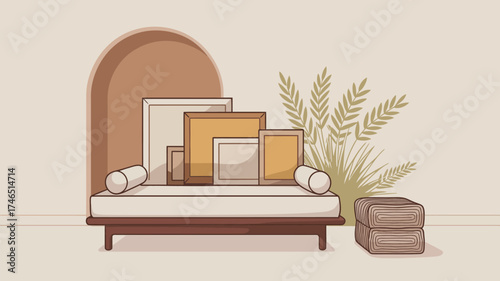 Interior illustration with daybed, frames, plants, and archway in neutral and brown color palette