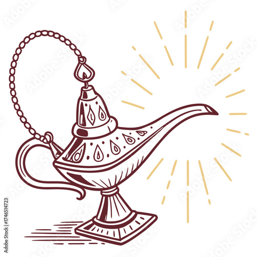 Mystical aladdin s lamp with a magical glow emanating from its spout representing wishes and ancient arabian tales