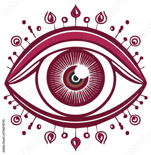 Abstract evil eye symbol with decorative elements and spiritual aura