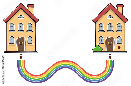 Whimsical Illustration of Two Houses Connected by a Rainbow Bridge Cartoon Style