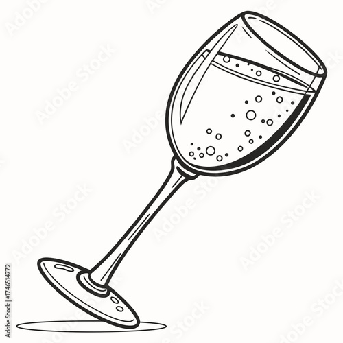 A hand drawn black and white illustration of a wine glass filled with bubbly liquid and small bubbles rising to the surface
