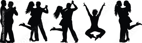 Dance silhouette vector, couple dancing poses, energetic movement, romantic lift, ballroom illustration, black figures, expressive choreography, white background, stock art, celebration