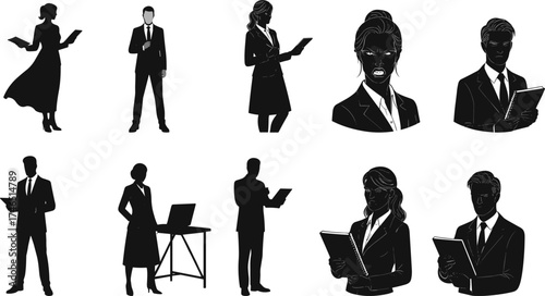 Business professionals silhouettes, corporate teamwork, office staff, professional attire, workplace diversity, leadership concept, business meeting, collaboration, communication, success illustration