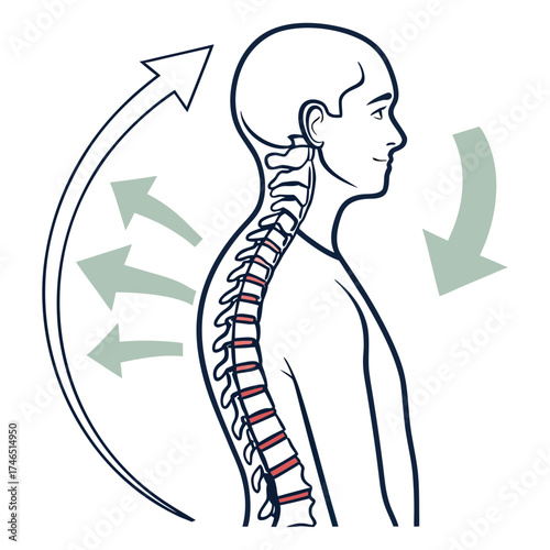 Illustration of a human spine showing proper posture alignment with arrows indicating spinal movement and support for a healthy back