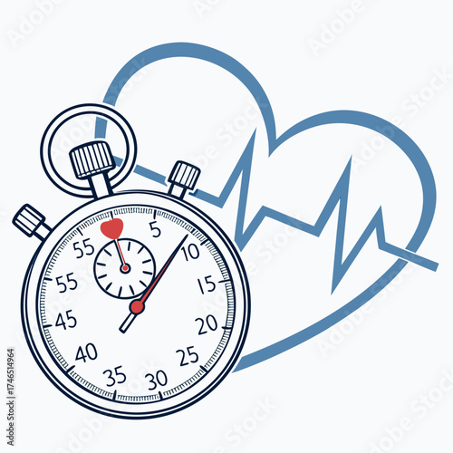 Conceptual illustration of a stopwatch measuring time with a heart rate line symbolizing health and fitness tracking and medical monitoring