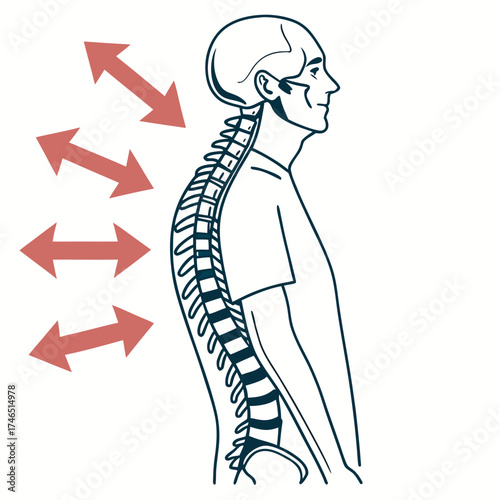 Diagram illustrating the human spine and its curvature with red arrows indicating pressure or force applied to the spinal column from the side