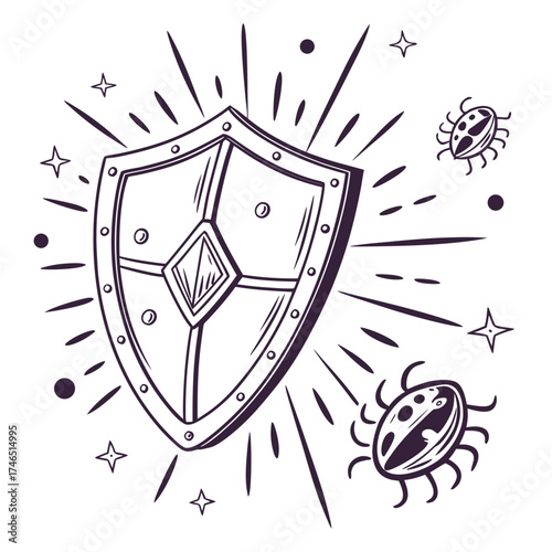 Cartoonish hand drawn shield defending against digital bugs and viruses with sparkles and rays of light