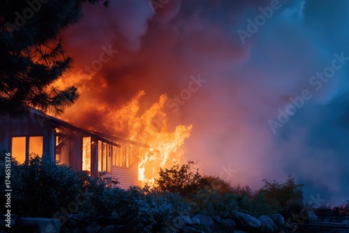 Intense house fire engulfs home amidst dramatic smoke and flames in nighttime setting