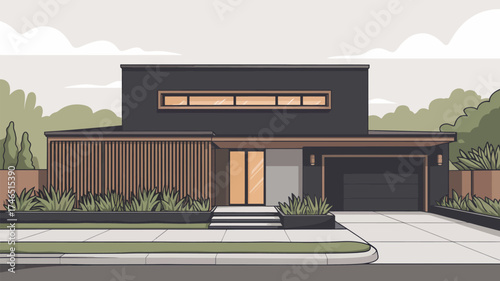 Illustration of a modern dark gray house with a garage and a wooden fence on a cloudy day