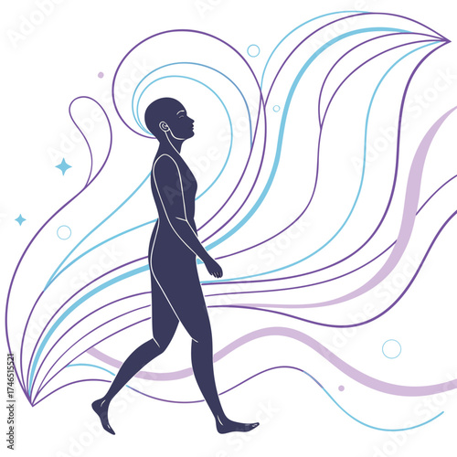 A stylized silhouette of a person walking forward with a sense of calm and grace amidst flowing abstract lines and gentle cosmic elements