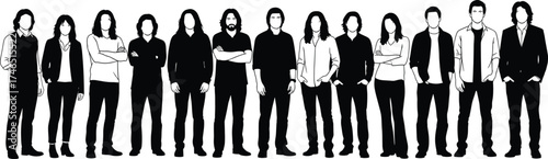 Group of people, silhouette illustration, casual and formal attire, black vector art, diverse posture, standing figures, fashion mix, social concept, demographic theme