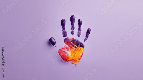 Fingerprint hand illustration on a purple background. A colorful handprint with a fingerprint design is displayed on a purple backdrop, symbolizing digital security and data protection.