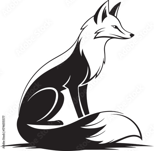 Stylized black and white fox illustration with a bushy tail