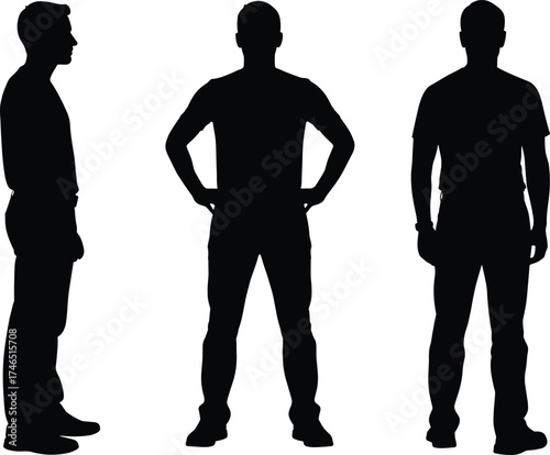 Human silhouette, standing pose, confident posture, body language, black figure, front view, side profile, vector illustration, isolated person, minimal design, editable shape