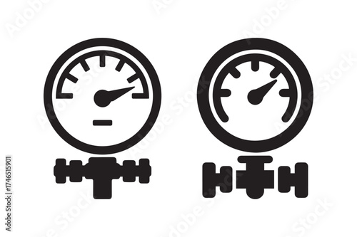 Two Silhouette Icons of Industrial Pressure Gauges with Valve Controls and Measuring Dials