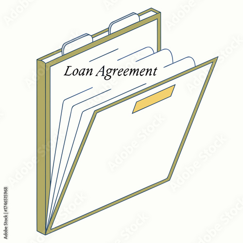 Open folder containing loan agreement documents and tabs illustrating financial contracts and legal paperwork for borrowing funds