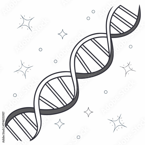 A stylized black and white illustration of a dna double helix structure with sparkling starbursts and small circles on a white background representing scientific discovery and genetic research