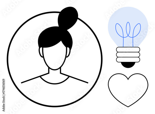 Minimalist outline of a woman in a circle, a glowing lightbulb, and a heart. Ideal for creativity, communication, passion, relationships, innovation teamwork empathy. A simple flat metaphor