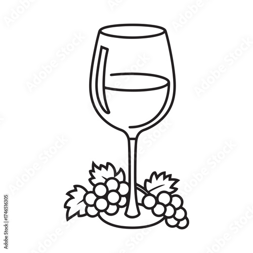 Elegant Outline Icon of Wine Glass with Grapes and Leaf for Winery Logo and Beverage Menus