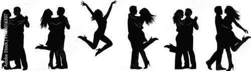 Romantic couple silhouette, dancing, hugging, embracing, joyful jump pose, love celebration, black figures, white background, expressive body language, vector illustration