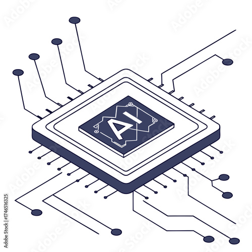 Abstract isometric illustration of a stylized ai microchip with circuit board connections and nodes representing artificial intelligence and technology