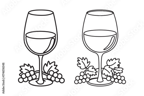 Vector Outline Set of Two Wine Glasses with Grapes and Leaves for Winery Logos, Bar Menus, and Labels
