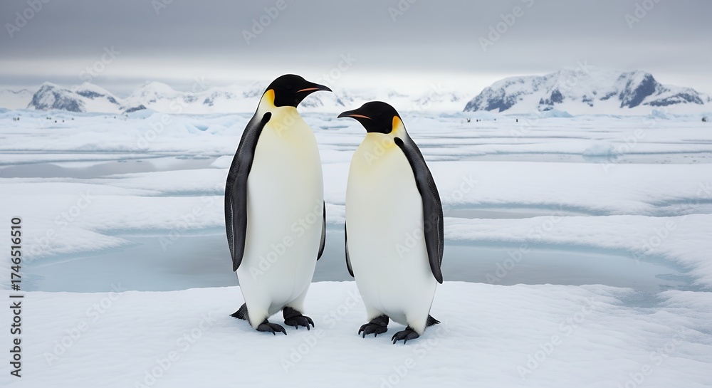 Fototapeta premium Two magnificent penguins stand tall on a pristine expanse of snow and ice, gazing out across a breathtaking polar landscape. The powerful birds, with their distinctive black and white plumage and subt