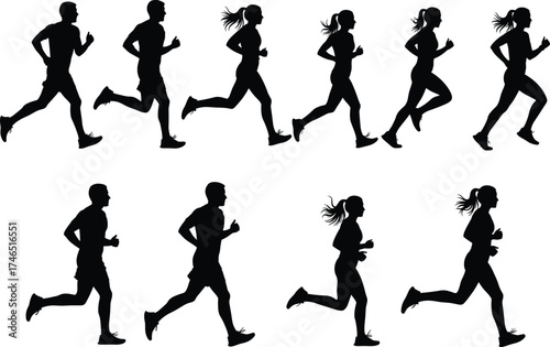 Running silhouettes of male and female athletes, dynamic motion poses, fitness training concept, sports biomechanics, vector illustration for health, exercise, and animation use