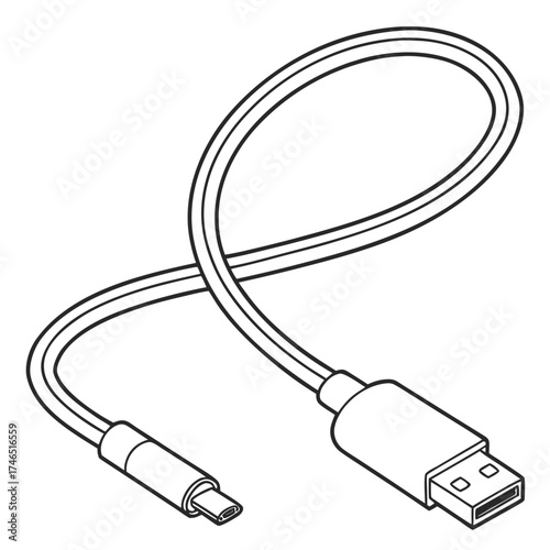 A simple black and white line drawing illustration of a usb type c to usb type a cable with a curved shape on a white background