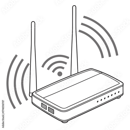 A simple line art illustration of a modern wireless router with two antennas broadcasting wi fi signals in gray waves against a white background