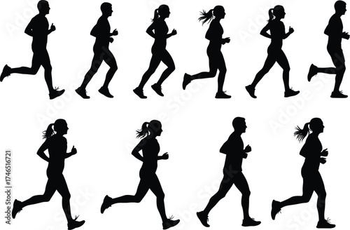 Running silhouettes vector, male and female runners, athletic motion poses, fitness training concept, dynamic stride illustration, sports activity, black figures set