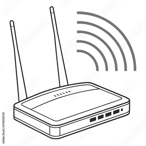 Modern wireless router with dual antennas and signal waves indicating connectivity and internet access for home or office networks