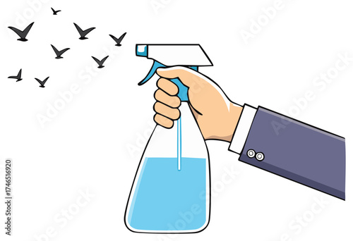 Hand holding spray bottle deterring flying birds away from area