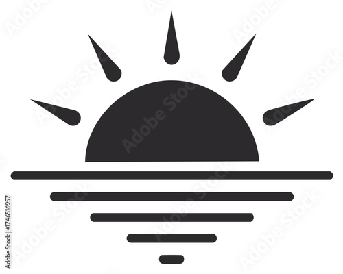Simple Graphic of Sun Rising Over Water Horizon with Sun Rays in a Minimalist Style