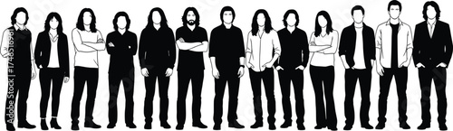 Silhouette group of diverse people standing in line, casual and formal fashion mix, black and white vector illustration, multicultural character design