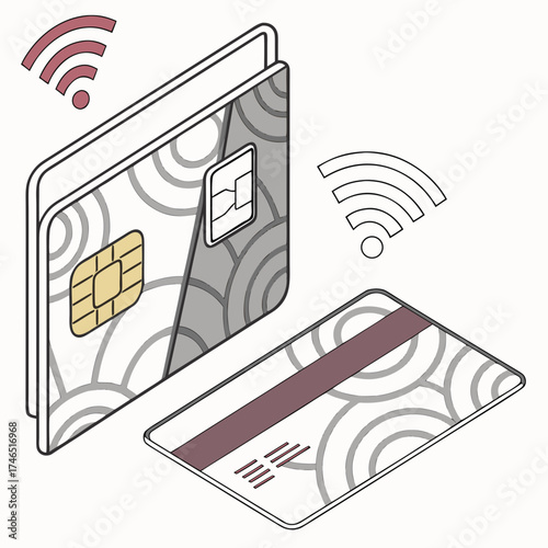 Isometric illustration of a credit card with a chip and contactless payment symbol indicating secure wireless transactions for modern financial technology and digital banking