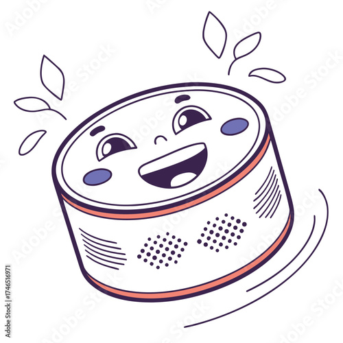 Cute cartoon smart speaker with a happy face and leaves floating around it representing sound or music