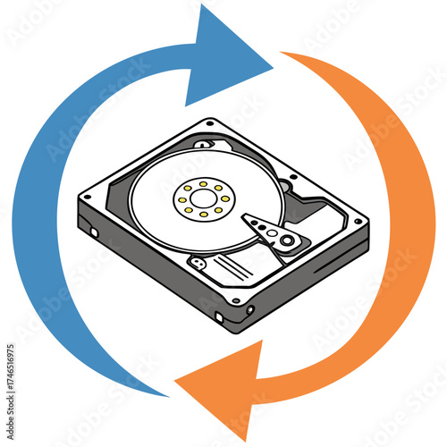 Computer hard disk drive with blue and orange circular arrows indicating data backup recovery or synchronization processes
