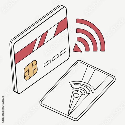 Illustration of a contactless credit card with a chip and wireless signal waves communicating with a payment terminal or reader device