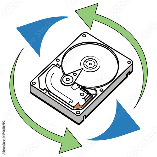 Conceptual illustration of a hard disk drive with circular arrows indicating data flow or synchronization process for digital storage and technology concepts