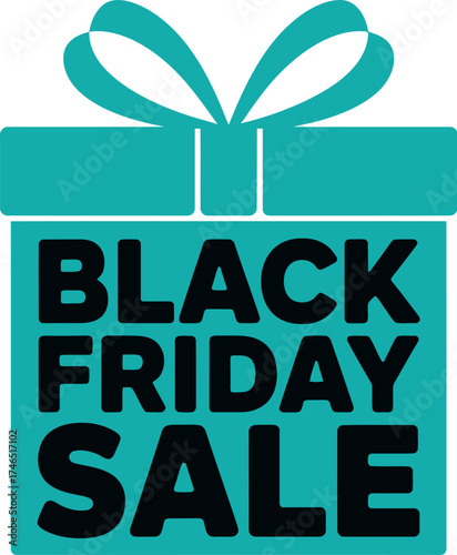 A teal gift box with black friday sale text and a teal ribbon on top design