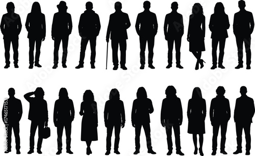 Silhouette people collection, diverse fashion styles, walking poses, formal and casual outfits, accessories, hats, coats, canes, vector illustration, black shapes