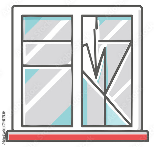 Cartoon illustration of a white framed window with one glass pane broken and shattered