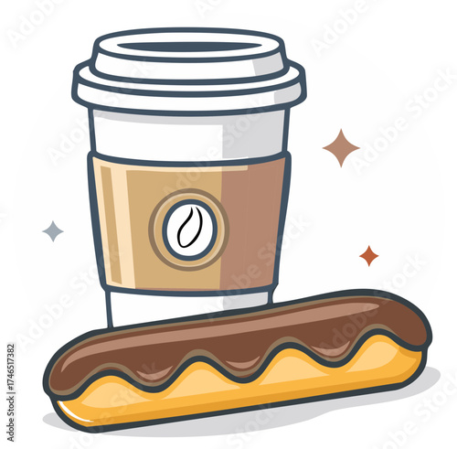Coffee to go cup with sleeve and long chocolate eclair pastry vector illustration